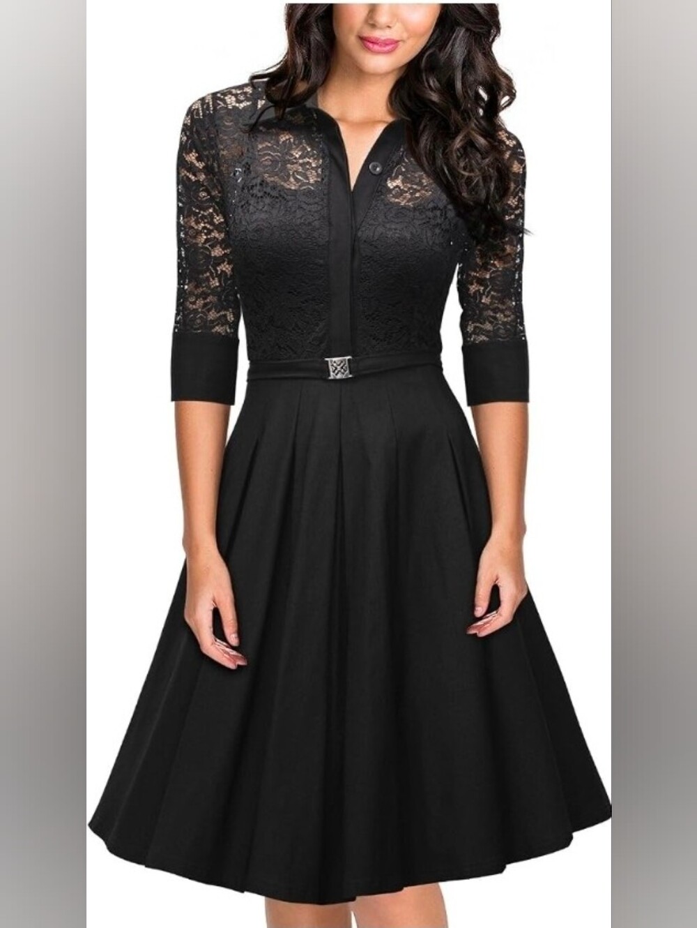 Missmay Women's Vintage 1950s Style 3/4 Sleeve Black Lace Flare A-line